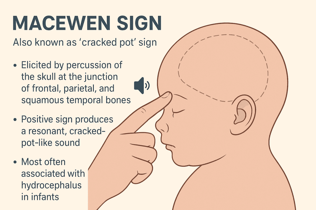 Macewen sign, "Medical illustration showing Macewen sign in hydrocephalus, depicting clinician percussing an infant’s skull with resonant cracked pot sound, including labeled anatomy and clinical significance."
