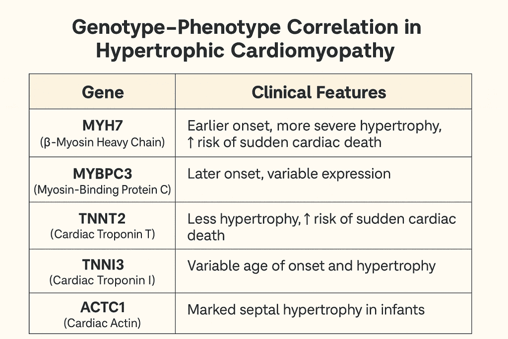 Genotype–phenotype correlation chart for hypertrophic cardiomyopathy showing common HCM genes (MYH7, MYBPC3, TNNT2, TNNI3, ACTC1) and associated clinical features such as age of onset, septal hypertrophy, and sudden cardiac death risk
