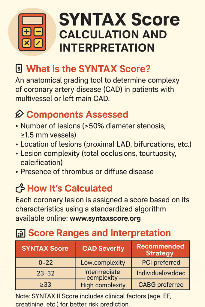 "SYNTAX Score, SYNTAX Score calculation, coronary lesion scoring, PCI vs CABG, SYNTAX score steps, interventional cardiology, cardiology quiz, SYNTAX infographic, cardiology exam, Medicine Question Bank"