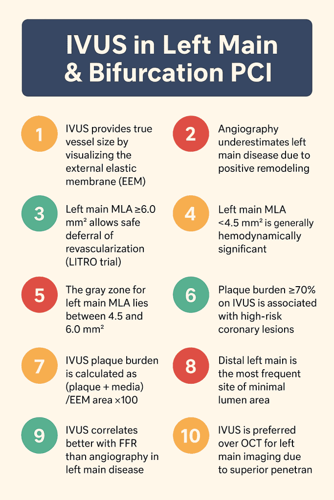 IVUS in Left Main & Bifurcation PCI — 50 One-Liners (NEET SS / DM) IVUS provides true vessel size by visualizing the external elastic membrane (EEM). Angiography underestimates left main disease due to positive remodeling. Left main MLA ≥6.0 mm² allows safe deferral of revascularization (LITRO trial). Left main MLA