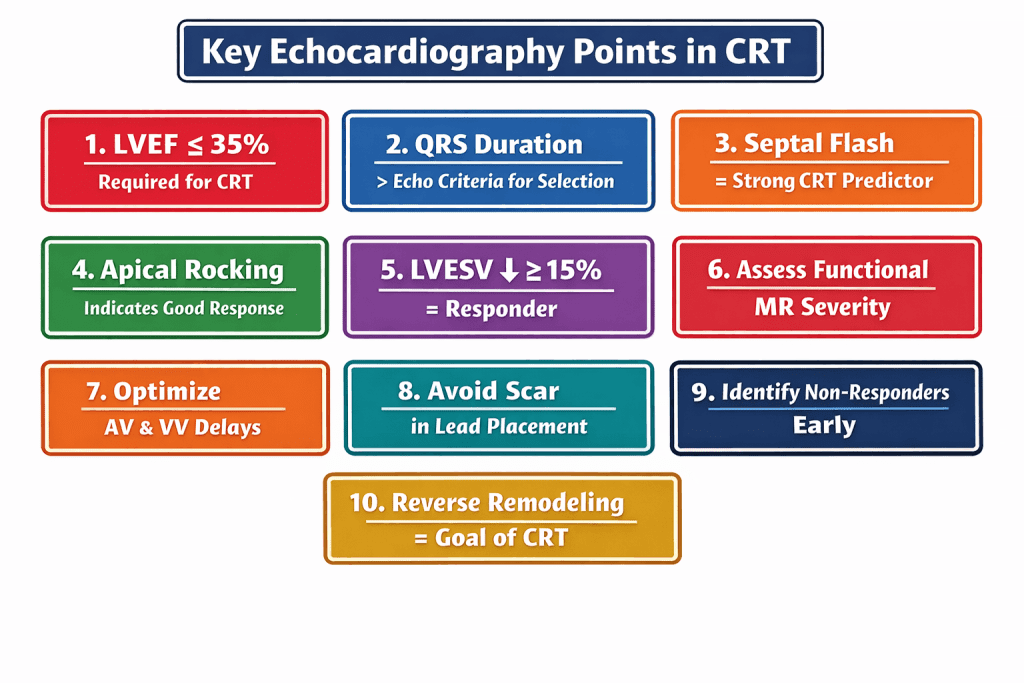 11. The preferred echocardiographic method for AV delay optimization in CRT is: A. E/e′ ratio B. Pulmonary vein flow C. Mitral inflow E–A separation D. Tissue Doppler Ts Optimal AV delay produces longest LV filling without E/A truncation. 12. Which echo parameter is maximized during VV delay optimization? A. EF B. MR jet area C. Septal motion D. LVOT VTI LVOT VTI reflects stroke volume and is the preferred echo marker. 13. Which echocardiographic feature indicates pseudo-nonresponse to CRT? A. No EF improvement B. Inadequate biventricular pacing C. Extensive scar D. RV dysfunction Fusion beats or low BiV pacing percentage can mimic CRT failure. 14. EchoCRT trial showed harm when CRT was used in patients with: A. LBBB B. Septal flash C. EF <30% D. Narrow QRS despite dyssynchrony CRT is contraindicated in narrow QRS even if echo dyssynchrony exists. 15. Which echocardiographic sign best predicts favorable reverse remodeling? A. Apical rocking B. SPWMD C. E/A fusion D. IVMD Apical rocking reflects correctable mechanical dyssynchrony. 16. Which LV segment should be avoided for lead placement? A. Latest activated B. Lateral wall C. Scarred myocardium D. Posterolateral wall Scarred segments do not respond to resynchronization pacing. 17. Reduction in functional MR after CRT is primarily due to: A. Reduced preload B. Improved LV synchrony C. Increased LV contractility D. Shortened PR interval Synchronous contraction restores leaflet coaptation. 18. Which echo finding predicts poor CRT response in AF? A. LV dilation B. MR C. Septal flash D. Variable diastolic filling Irregular RR intervals impair effective resynchronization. 19. GLS improves after CRT due to: A. Increased preload B. Reduced afterload C. Improved synchrony D. Tachycardia CRT restores coordinated myocardial deformation. 20. Which echo parameter best reflects stroke volume? A. EF B. LVOT VTI C. E/e′ D. TAPSE LVOT VTI directly correlates with forward stroke volume. 21. RV dysfunction limits CRT benefit primarily by: A. Reduced EF B. Increased MR C. Delayed LV activation D. Reduced preload to LV RV failure limits LV filling despite resynchronization. 22. Which echo sign resolves early after effective CRT? A. Septal flash B. LV dilation C. MR jet width D. EF Septal flash disappears rapidly with restored synchrony. 23. The best echo marker of long-term prognosis after CRT is: A. EF change B. MR reduction C. LVESV reduction D. TAPSE LVESV reduction strongly correlates with survival. 24. Which echo technique is most angle-independent? A. Tissue Doppler B. M-mode C. PW Doppler D. Speckle tracking Strain imaging is largely angle-independent. 25. Which patient is least likely to respond to CRT? A. LBBB B. Septal flash C. Extensive transmural scar D. Apical rocking Scar prevents electrical–mechanical correction. 26. CRT-induced EF improvement occurs mainly due to: A. Reduced preload B. Improved contractile efficiency C. Tachycardia D. AV block Synchrony improves effective myocardial work. 27. Which echo parameter is most useful to detect fusion beats? A. EF B. MR jet C. Irregular LVOT VTI D. E/A ratio Beat-to-beat LVOT VTI variability suggests fusion. 28. The most reliable echo marker of mechanical synchrony is: A. SPWMD B. IVMD C. TDI Ts D. Strain timing Strain timing reflects true myocardial deformation. 29. In CRT patients, worsening MR suggests: A. Over-resynchronization B. Suboptimal LV lead position C. Improved preload D. Reverse remodeling Improper timing or lead placement can worsen MR. 30. Which echo sign reflects interventricular dyssynchrony? A. Septal flash B. Apical rocking C. MR D. RV–LV pre-ejection delay IVMD >40 ms indicates interventricular delay. 31. Which echo parameter is least useful post-CRT? A. SPWMD B. LVESV C. EF D. MR severity SPWMD has limited reproducibility. 32. Which CRT response parameter best predicts survival? A. EF rise B. LVESV reduction C. GLS D. TAPSE LVESV reduction has strongest prognostic value. 33. Best echo clue of effective LV capture: A. Increased HR B. EF rise C. Narrowed mechanical delay D. MR reduction Mechanical synchrony improves immediately with capture. 34. Which echo parameter improves earliest after CRT? A. LVESV B. Septal flash C. EF D. MR Mechanical dyssynchrony resolves before remodeling. 35. CRT non-response with preserved synchrony suggests: A. Lead failure B. MR progression C. AV delay error D. Myocardial disease Underlying cardiomyopathy may limit response. 36. The best echo view for septal flash detection: A. Parasternal long-axis B. Apical four-chamber C. Subcostal D. Suprasternal PLAX best demonstrates early septal inward motion. 37. Which echo finding suggests suboptimal AV delay? A. Increased EF B. Reduced MR C. Truncated A wave D. Narrow LVOT VTI A-wave truncation indicates excessively short AV delay. 38. Best echo marker to suspect LV lead dislodgement: A. EF drop B. Reappearance of septal flash C. MR D. LV dilation Return of dyssynchrony suggests loss of LV capture. 39. Which echo sign correlates with electrical LBBB correction? A. EF rise B. MR reduction C. LVESV fall D. Resolution of septal flash Septal flash directly reflects LBBB-related dyssynchrony. 40. Ultimate echocardiographic goal of CRT is: A. Narrow QRS B. Increased HR C. Reverse LV remodeling D. Reduced preload Clinical benefit is mediated through reverse remodeling.