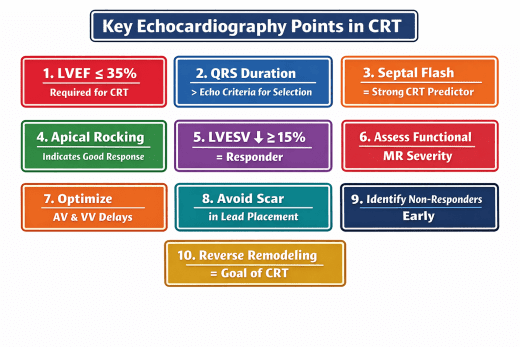 11. The preferred echocardiographic method for AV delay optimization in CRT is: A. E/e′ ratio B. Pulmonary vein flow C. Mitral inflow E–A separation D. Tissue Doppler Ts Optimal AV delay produces longest LV filling without E/A truncation. 12. Which echo parameter is maximized during VV delay optimization? A. EF B. MR jet area C. Septal motion D. LVOT VTI LVOT VTI reflects stroke volume and is the preferred echo marker. 13. Which echocardiographic feature indicates pseudo-nonresponse to CRT? A. No EF improvement B. Inadequate biventricular pacing C. Extensive scar D. RV dysfunction Fusion beats or low BiV pacing percentage can mimic CRT failure. 14. EchoCRT trial showed harm when CRT was used in patients with: A. LBBB B. Septal flash C. EF <30% D. Narrow QRS despite dyssynchrony CRT is contraindicated in narrow QRS even if echo dyssynchrony exists. 15. Which echocardiographic sign best predicts favorable reverse remodeling? A. Apical rocking B. SPWMD C. E/A fusion D. IVMD Apical rocking reflects correctable mechanical dyssynchrony. 16. Which LV segment should be avoided for lead placement? A. Latest activated B. Lateral wall C. Scarred myocardium D. Posterolateral wall Scarred segments do not respond to resynchronization pacing. 17. Reduction in functional MR after CRT is primarily due to: A. Reduced preload B. Improved LV synchrony C. Increased LV contractility D. Shortened PR interval Synchronous contraction restores leaflet coaptation. 18. Which echo finding predicts poor CRT response in AF? A. LV dilation B. MR C. Septal flash D. Variable diastolic filling Irregular RR intervals impair effective resynchronization. 19. GLS improves after CRT due to: A. Increased preload B. Reduced afterload C. Improved synchrony D. Tachycardia CRT restores coordinated myocardial deformation. 20. Which echo parameter best reflects stroke volume? A. EF B. LVOT VTI C. E/e′ D. TAPSE LVOT VTI directly correlates with forward stroke volume. 21. RV dysfunction limits CRT benefit primarily by: A. Reduced EF B. Increased MR C. Delayed LV activation D. Reduced preload to LV RV failure limits LV filling despite resynchronization. 22. Which echo sign resolves early after effective CRT? A. Septal flash B. LV dilation C. MR jet width D. EF Septal flash disappears rapidly with restored synchrony. 23. The best echo marker of long-term prognosis after CRT is: A. EF change B. MR reduction C. LVESV reduction D. TAPSE LVESV reduction strongly correlates with survival. 24. Which echo technique is most angle-independent? A. Tissue Doppler B. M-mode C. PW Doppler D. Speckle tracking Strain imaging is largely angle-independent. 25. Which patient is least likely to respond to CRT? A. LBBB B. Septal flash C. Extensive transmural scar D. Apical rocking Scar prevents electrical–mechanical correction. 26. CRT-induced EF improvement occurs mainly due to: A. Reduced preload B. Improved contractile efficiency C. Tachycardia D. AV block Synchrony improves effective myocardial work. 27. Which echo parameter is most useful to detect fusion beats? A. EF B. MR jet C. Irregular LVOT VTI D. E/A ratio Beat-to-beat LVOT VTI variability suggests fusion. 28. The most reliable echo marker of mechanical synchrony is: A. SPWMD B. IVMD C. TDI Ts D. Strain timing Strain timing reflects true myocardial deformation. 29. In CRT patients, worsening MR suggests: A. Over-resynchronization B. Suboptimal LV lead position C. Improved preload D. Reverse remodeling Improper timing or lead placement can worsen MR. 30. Which echo sign reflects interventricular dyssynchrony? A. Septal flash B. Apical rocking C. MR D. RV–LV pre-ejection delay IVMD >40 ms indicates interventricular delay. 31. Which echo parameter is least useful post-CRT? A. SPWMD B. LVESV C. EF D. MR severity SPWMD has limited reproducibility. 32. Which CRT response parameter best predicts survival? A. EF rise B. LVESV reduction C. GLS D. TAPSE LVESV reduction has strongest prognostic value. 33. Best echo clue of effective LV capture: A. Increased HR B. EF rise C. Narrowed mechanical delay D. MR reduction Mechanical synchrony improves immediately with capture. 34. Which echo parameter improves earliest after CRT? A. LVESV B. Septal flash C. EF D. MR Mechanical dyssynchrony resolves before remodeling. 35. CRT non-response with preserved synchrony suggests: A. Lead failure B. MR progression C. AV delay error D. Myocardial disease Underlying cardiomyopathy may limit response. 36. The best echo view for septal flash detection: A. Parasternal long-axis B. Apical four-chamber C. Subcostal D. Suprasternal PLAX best demonstrates early septal inward motion. 37. Which echo finding suggests suboptimal AV delay? A. Increased EF B. Reduced MR C. Truncated A wave D. Narrow LVOT VTI A-wave truncation indicates excessively short AV delay. 38. Best echo marker to suspect LV lead dislodgement: A. EF drop B. Reappearance of septal flash C. MR D. LV dilation Return of dyssynchrony suggests loss of LV capture. 39. Which echo sign correlates with electrical LBBB correction? A. EF rise B. MR reduction C. LVESV fall D. Resolution of septal flash Septal flash directly reflects LBBB-related dyssynchrony. 40. Ultimate echocardiographic goal of CRT is: A. Narrow QRS B. Increased HR C. Reverse LV remodeling D. Reduced preload Clinical benefit is mediated through reverse remodeling.