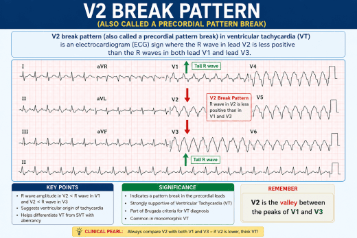 V2 break pattern (also called a precordial pattern break) ECG
